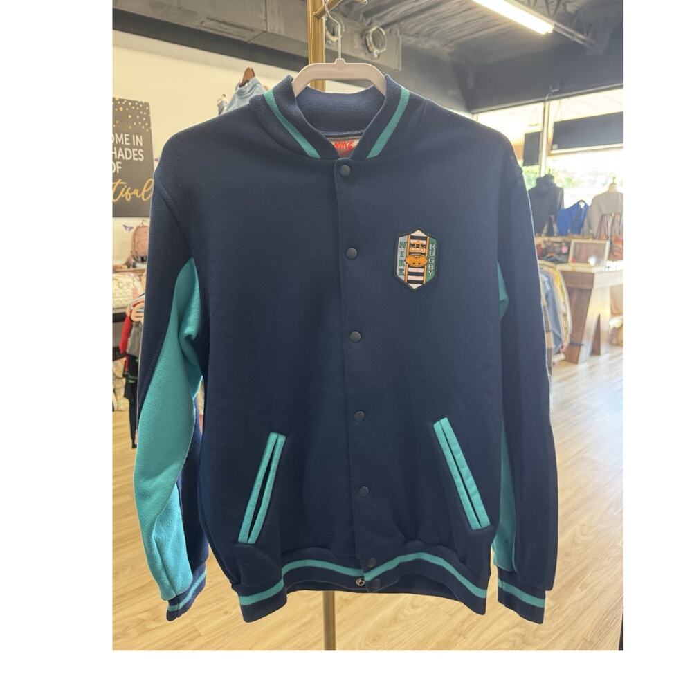1990’s Nike Blue Green Varsity Jacket Men's Size M Logo Embroidered Snap Pockets